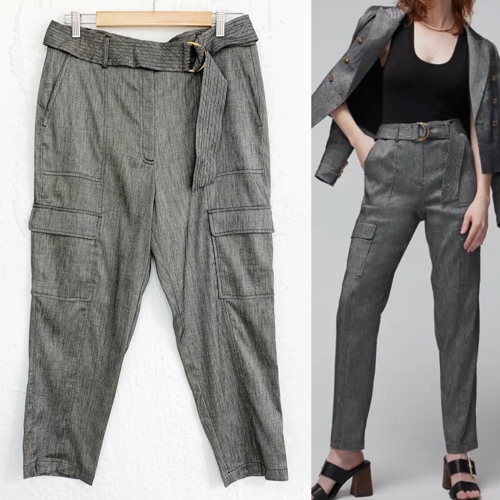 WHBM Linen Blend Belted Tapered Ankle Utility Trouser Pants Sz 12 SHORT